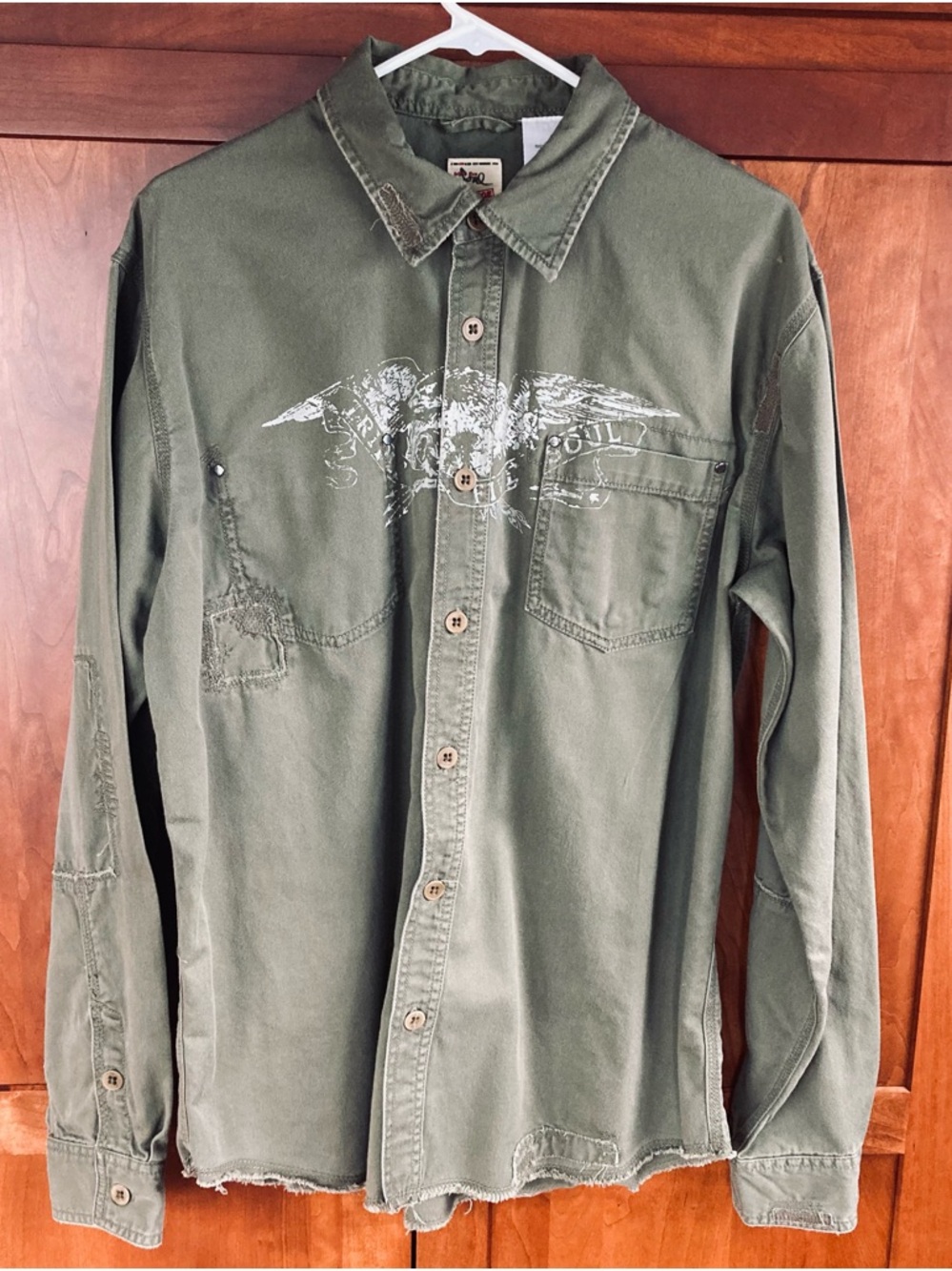 555/Triple Five Soul. Mens Button Up Shirt. Sz XL. Olive Gr. 100% Cotton. Skater